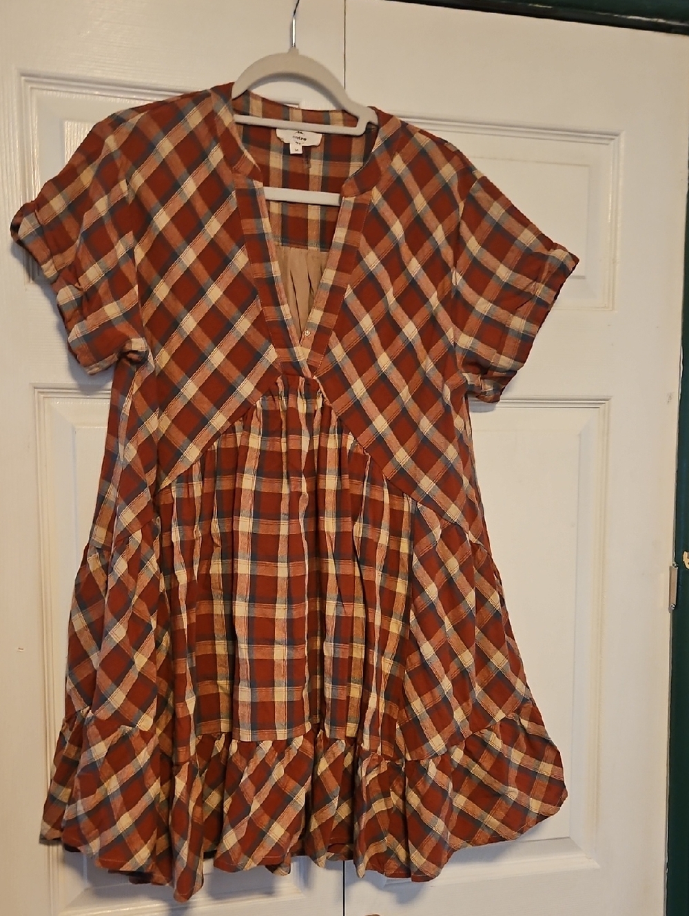 entro Rust Plaid Short-Sleeve Tiered Dress with Cream & Blue Checks